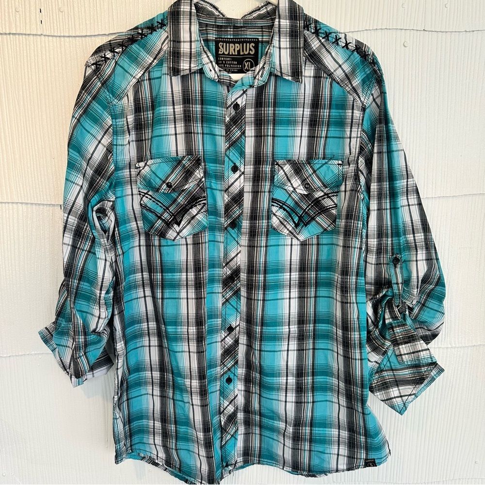 Surplus XL Men’s Casual Long Sleeve Plaid Button Down Shirt Aqua Blue